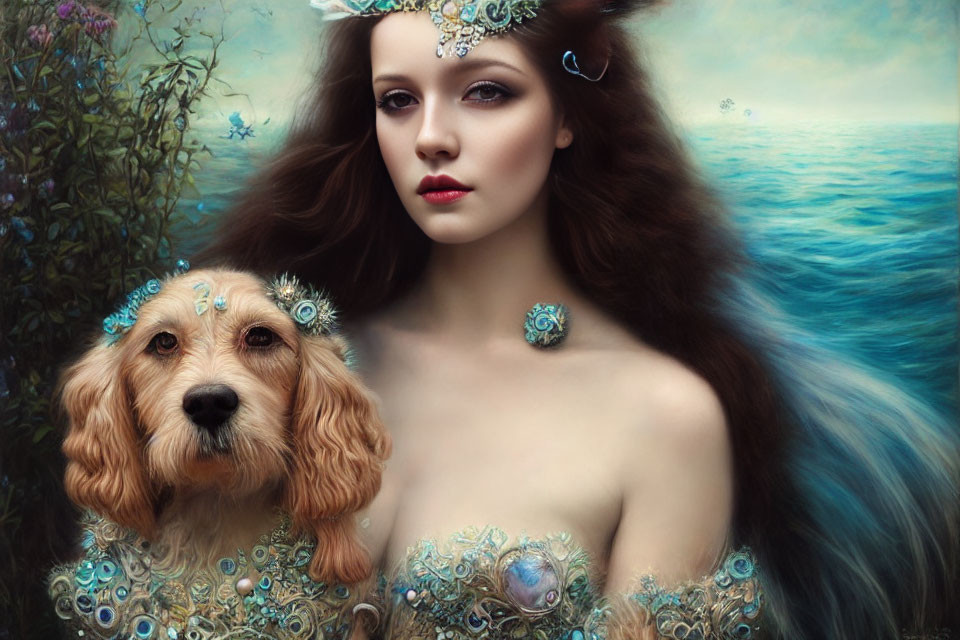 Fantastical portrait of woman and dog in matching floral attire by tranquil sea