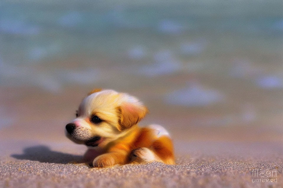 Adorable fluffy puppy on sandy beach with ocean backdrop