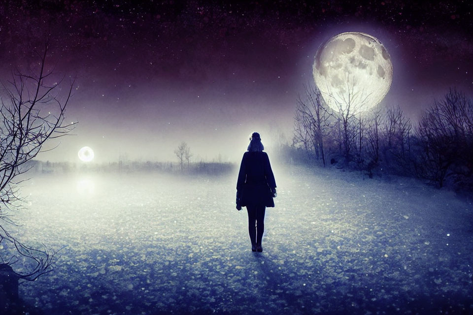 Solitary Figure Walking in Snowy Landscape Under Starry Sky