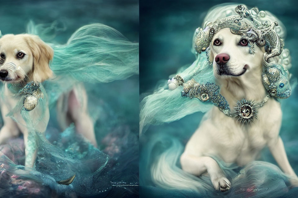 Whimsical Image: Dog with Ornate Headdress and Mermaid Tail