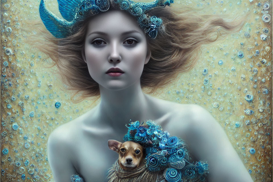 Whimsical woman and dog in blue flowers with dreamy backdrop