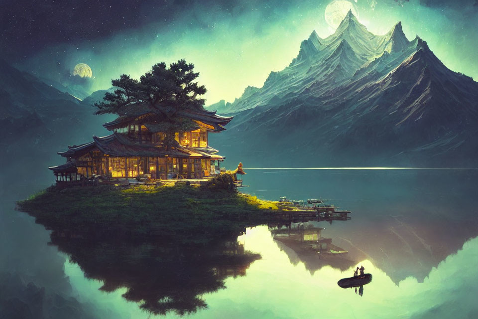 Traditional Asian-style house by serene lake, mountains, and twin moons at twilight