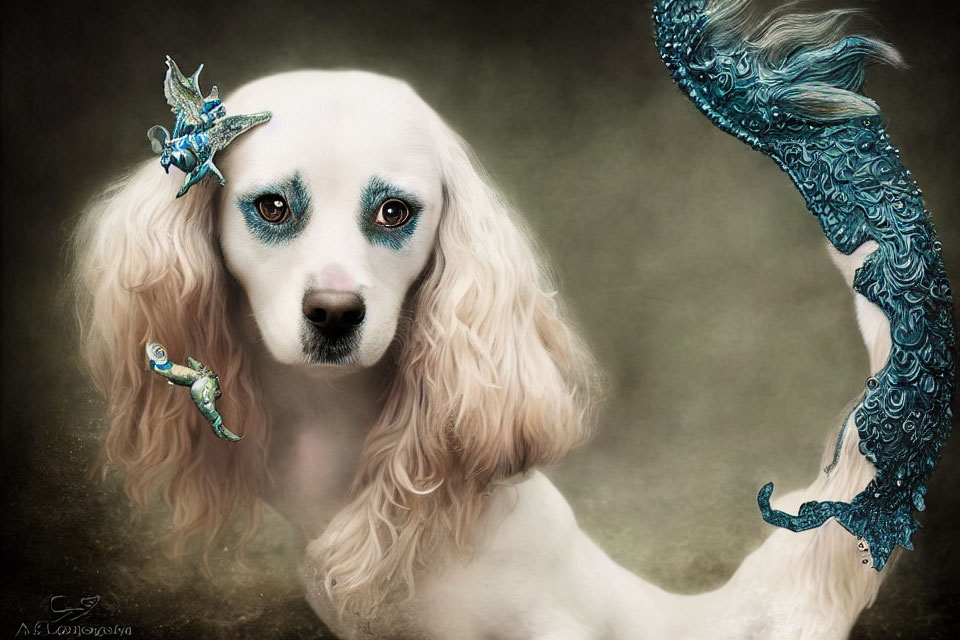 Surreal image: dog with human-like blue eyes and ornate teal accessories