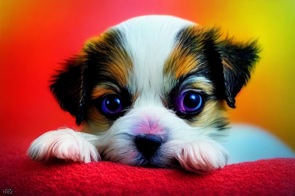 Tricolor Puppy Resting on Red Surface Against Rainbow Background