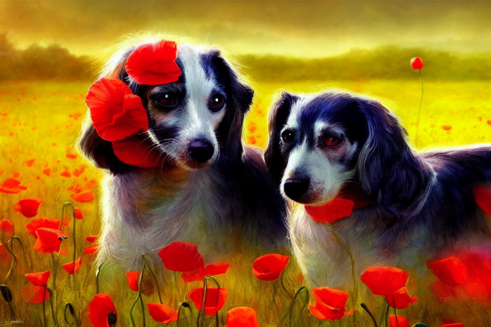 Two dogs with blue eyes in red poppy field at sunrise or sunset