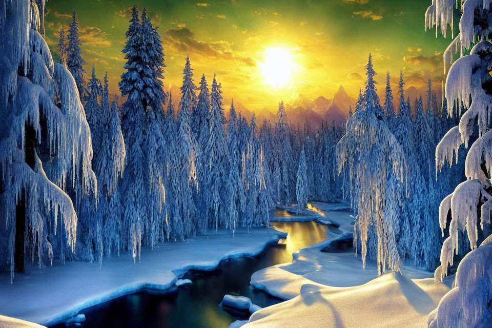 Snow-covered trees and river in serene winter landscape