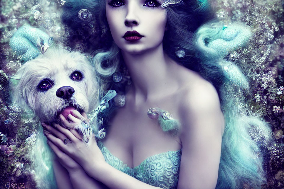 Turquoise-haired woman with white dog in floral setting