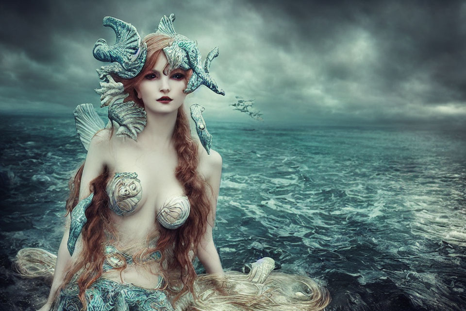 Red-haired fantasy mermaid with seashell adornments against stormy sea.