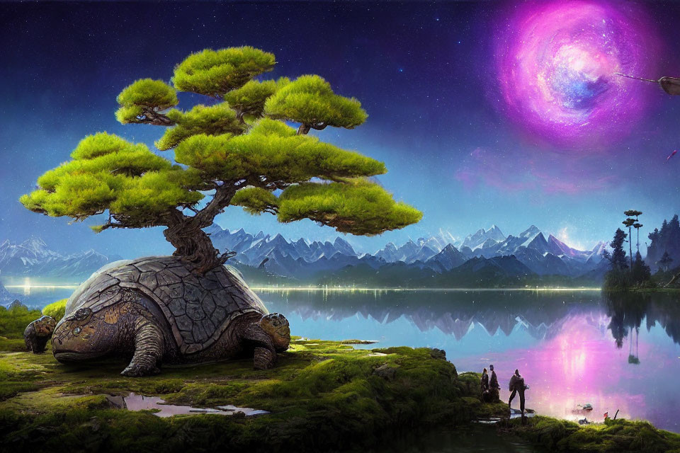 Fantastical landscape with giant turtle, bonsai tree, lake, mountains, and pink nebula