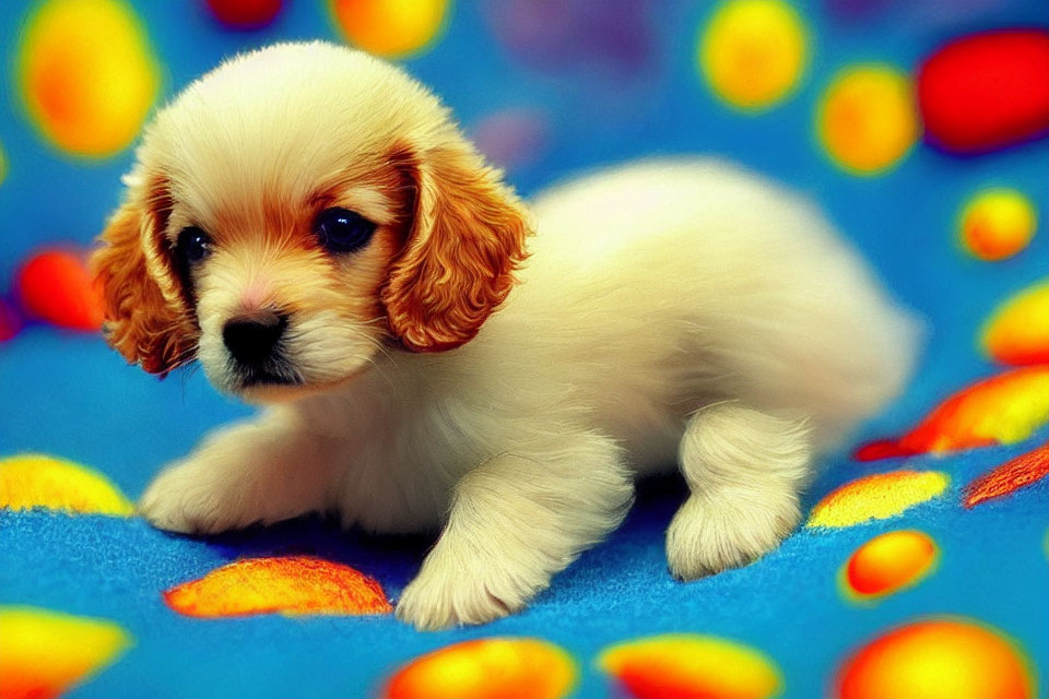 White and Tan Puppy on Blue Blanket with Fish Patterns