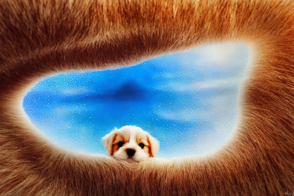 Adorable puppy in heart-shaped opening under starry sky