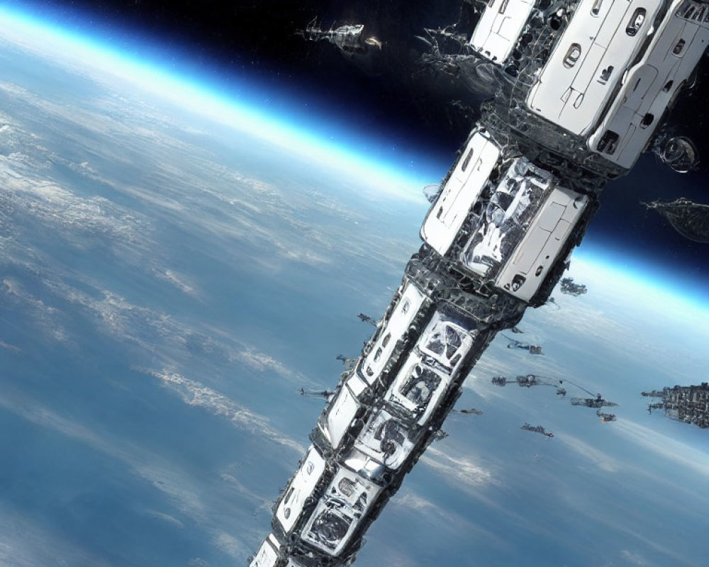 Futuristic space station orbiting Earth with spacecraft in space