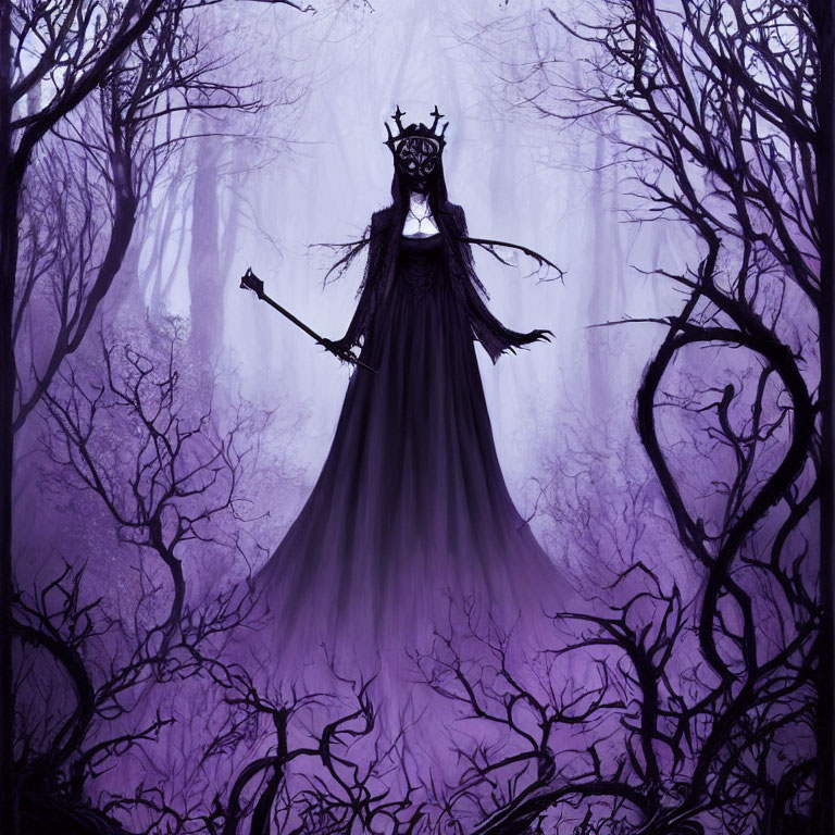 Dark figure in long gown with scepter in misty, purple forest