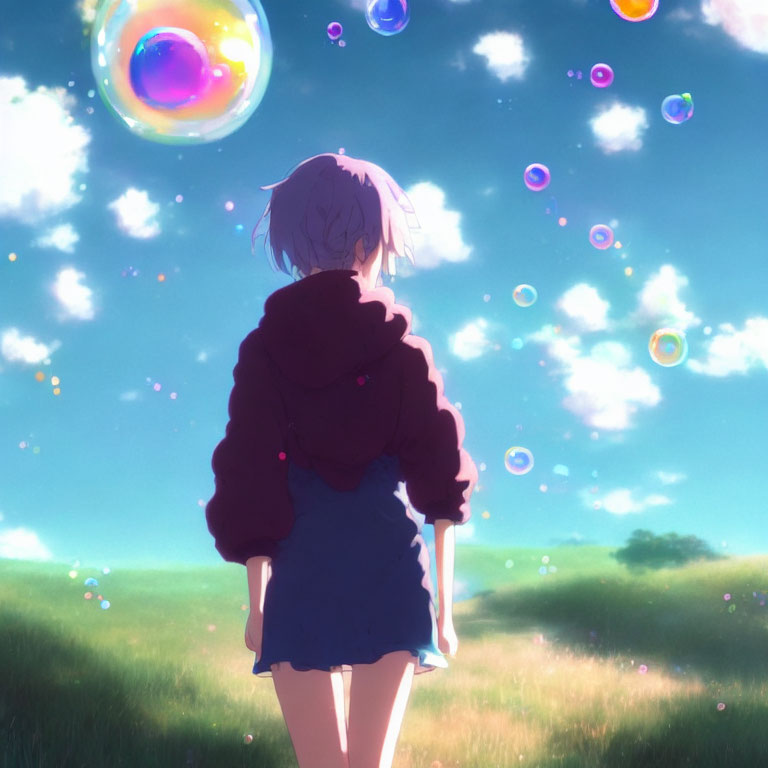 Girl in skirt and hoodie admiring colorful bubbles in sunlit field