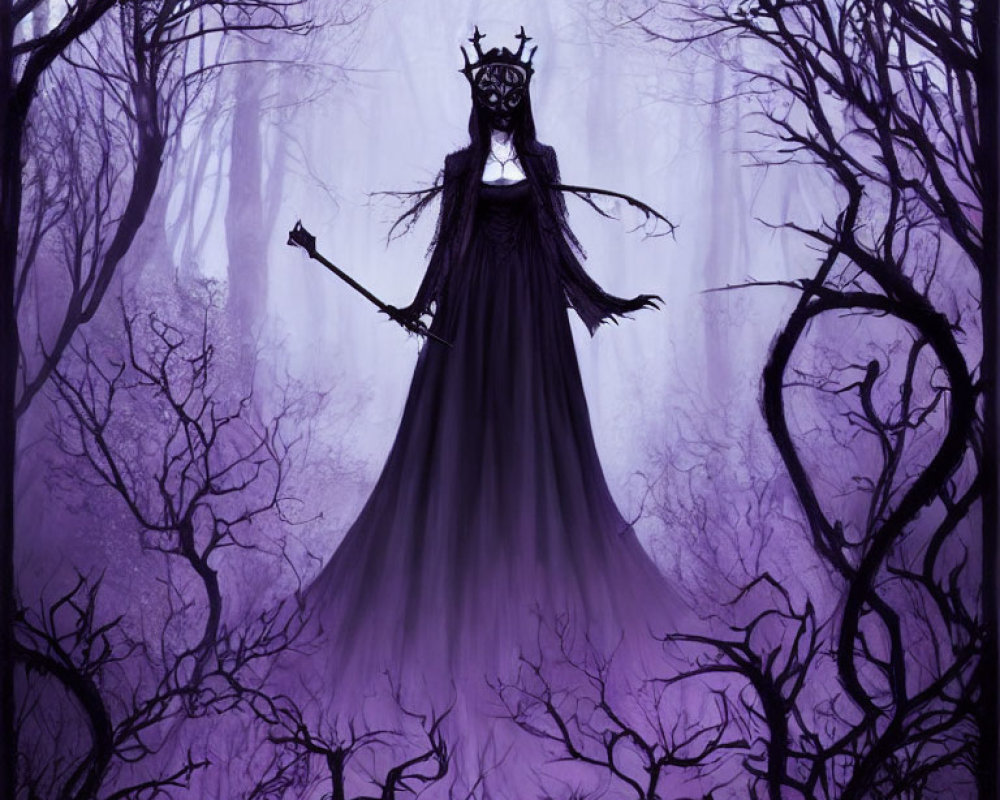 Dark figure in long gown with scepter in misty, purple forest