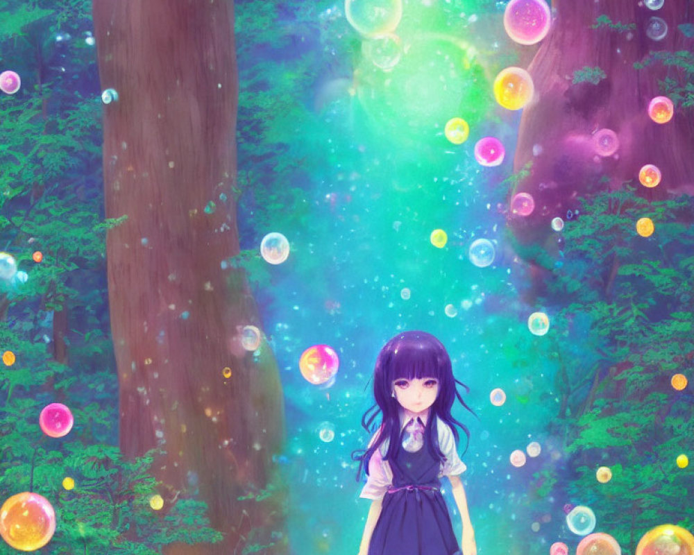 Young girl in magical forest with colorful glowing bubbles