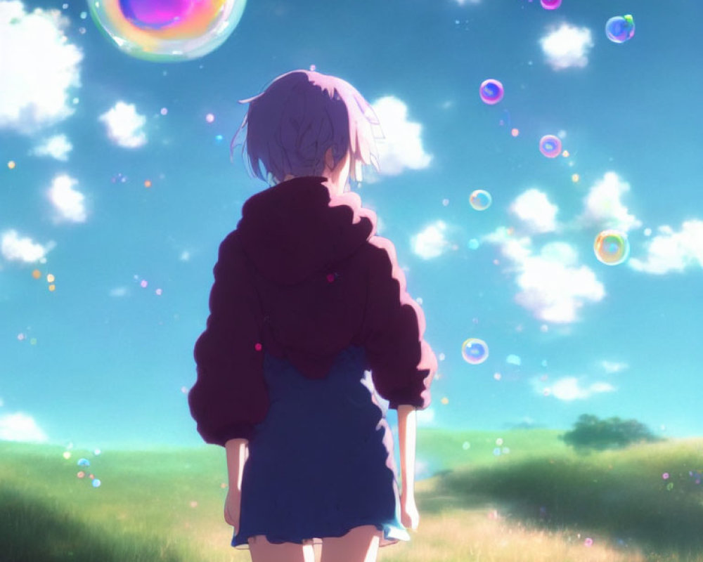 Girl in skirt and hoodie admiring colorful bubbles in sunlit field