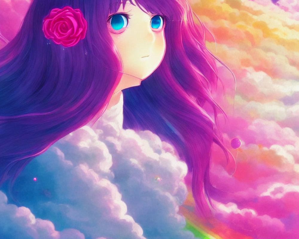 Colorful illustration of girl with purple hair and blue eyes in front of rainbow and clouds