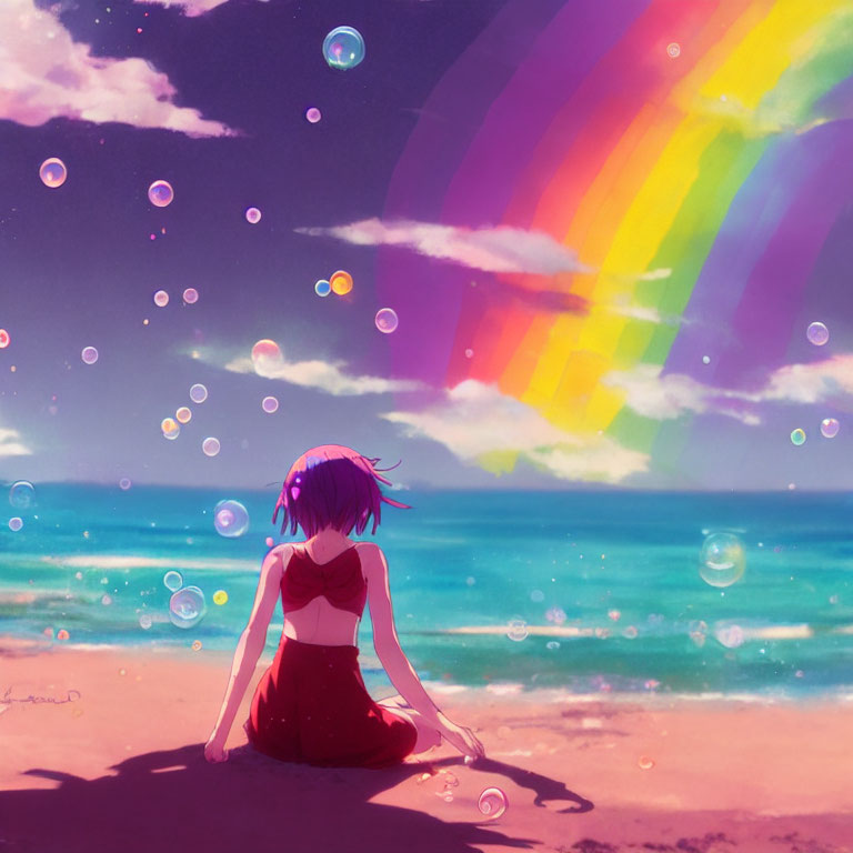 Purple-haired girl on beach gazes at rainbow under starry sky with bubbles