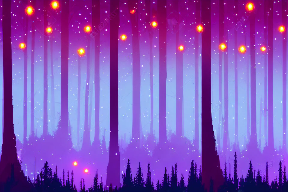Mystical twilight forest with tall trees and glowing lights
