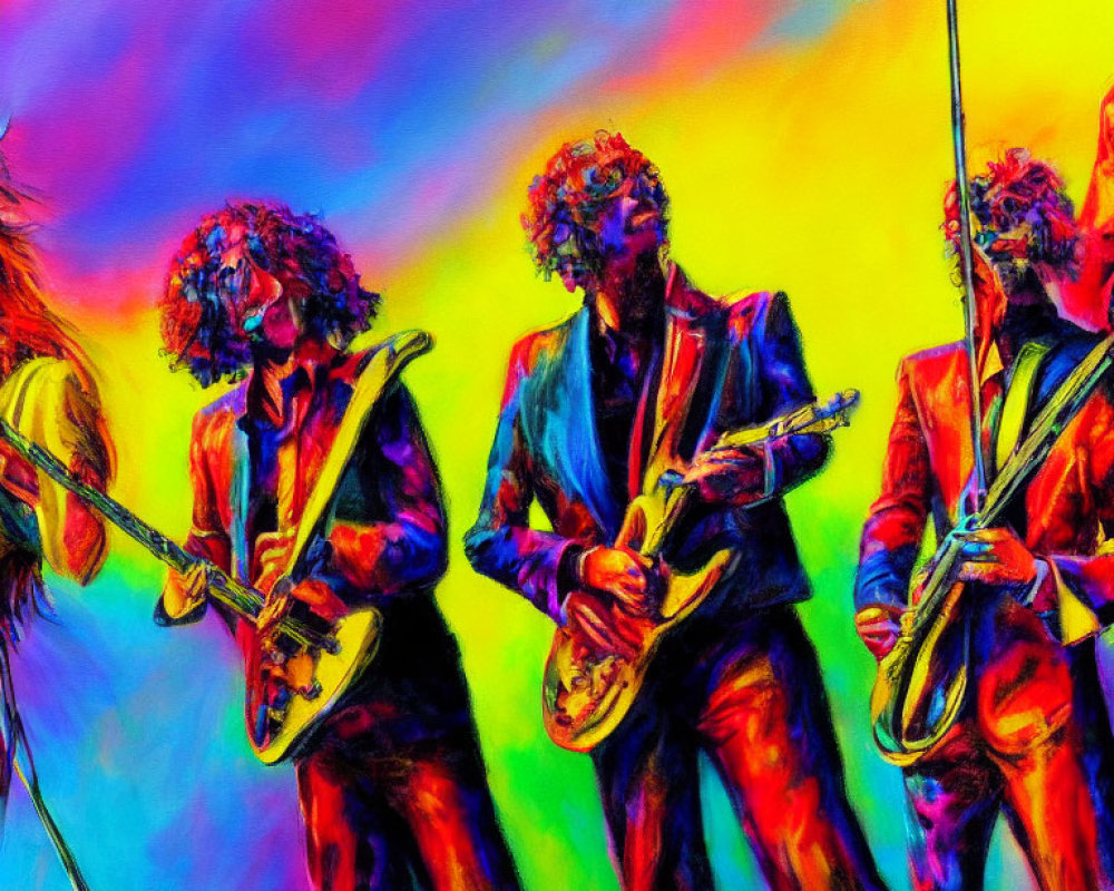 Colorful painting of band with guitars and microphones on psychedelic background