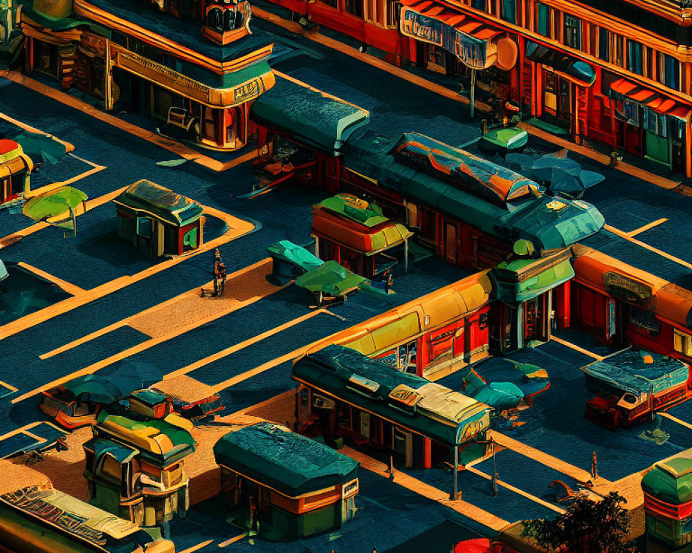 Vibrant isometric cityscape illustration with retro-futuristic elements