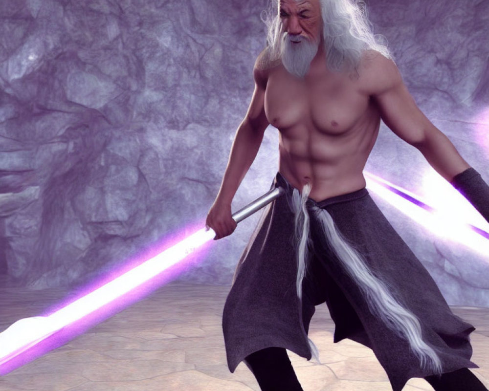 Elderly muscular man with glowing sword in cave