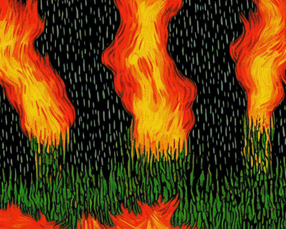 Vibrant Expressionist Painting of Fiery Flames and Greenery