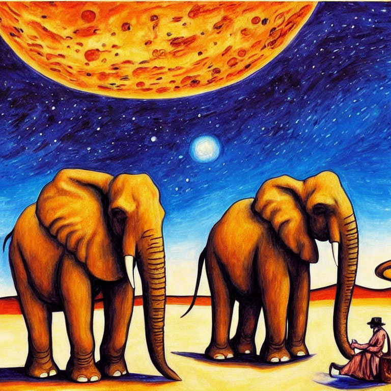 Surrealist artwork: Two elephants, seated person, starry sky, oversized moon