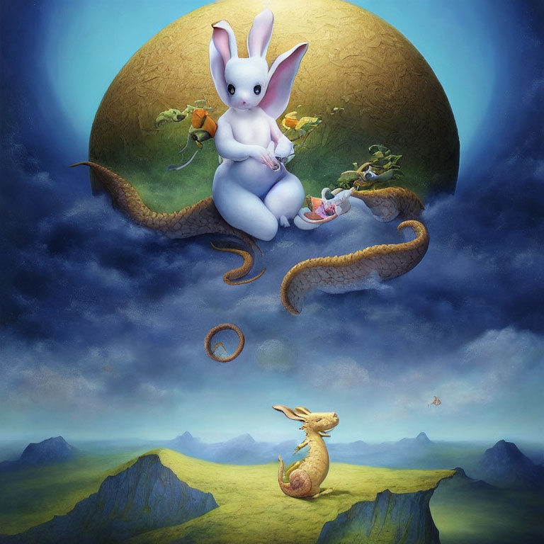 Whimsical large white rabbit with smaller rabbit on golden snail above mountainous landscape