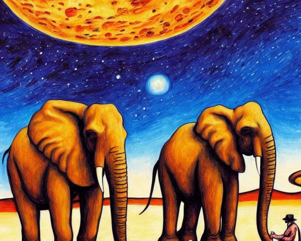 Surrealist artwork: Two elephants, seated person, starry sky, oversized moon