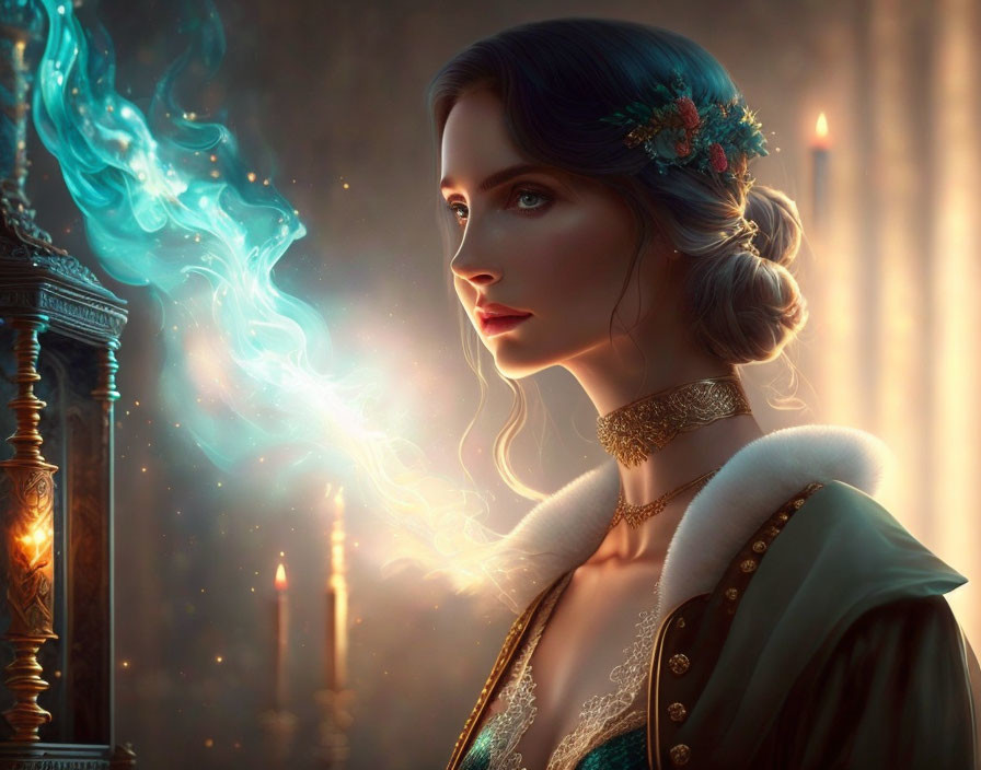 Historical woman in floral headpiece with mystical blue light and candlelit surroundings