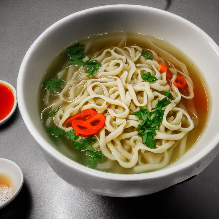 Bowl of Noodle Soup with Fresh Herbs and Chili on Dark Surface