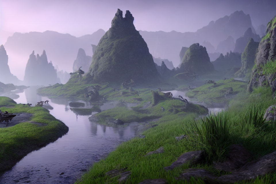 Alien landscape with towering rock formations and purple skies