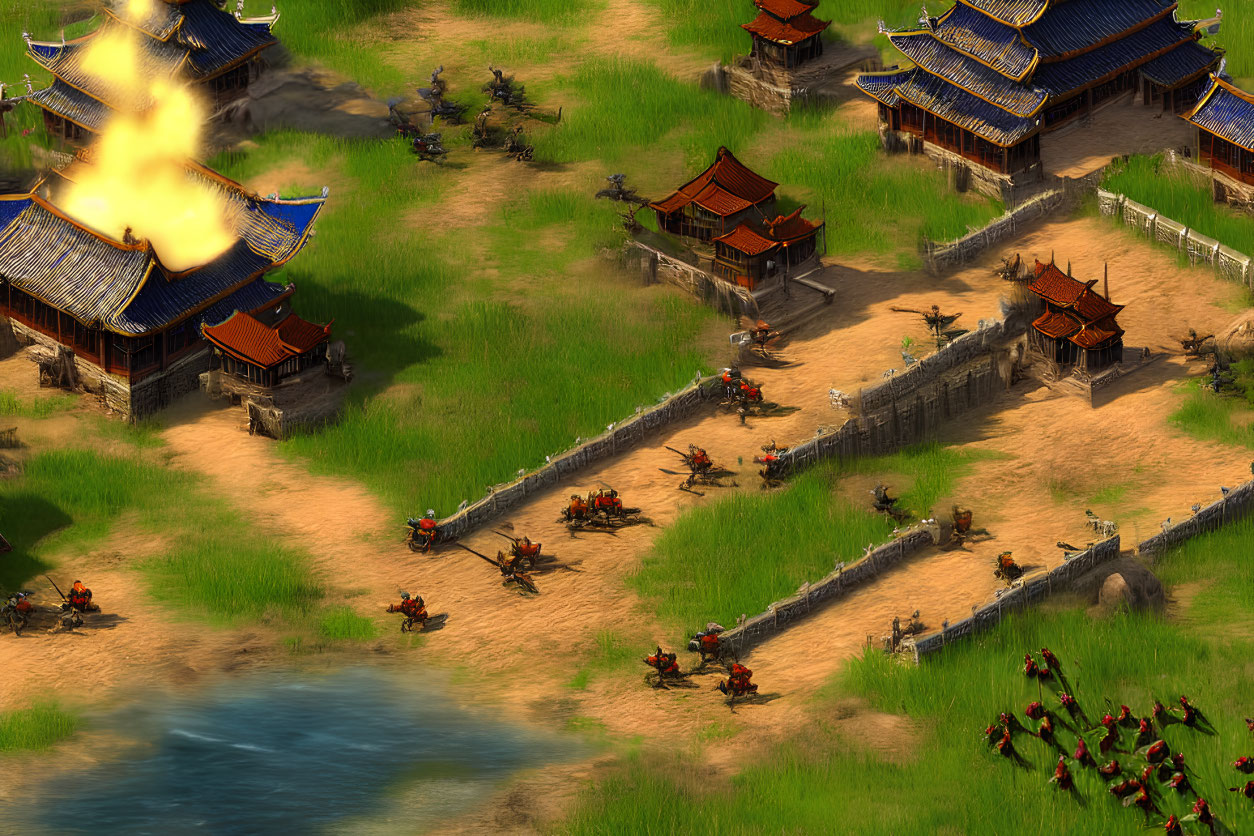 Medieval Asian-style buildings under siege with archers and catapults attacking, flames engulfing a roof