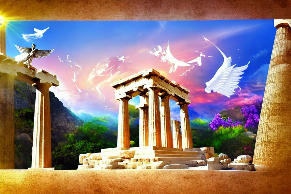 Ancient Greek temple with towering columns and mythical birds under a vivid sky