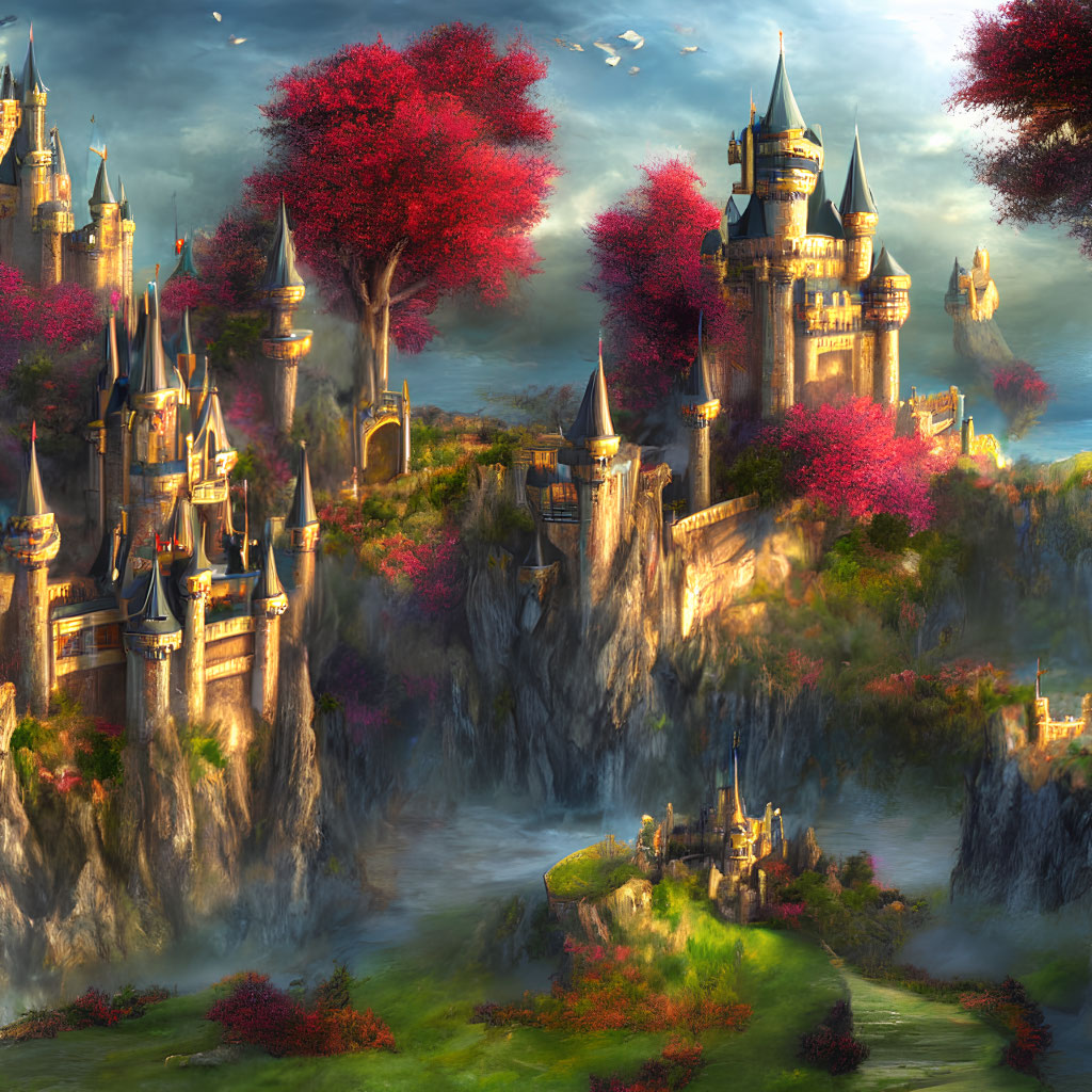 Majestic fantasy landscape with castles, cliffs, waterfalls, and pink trees