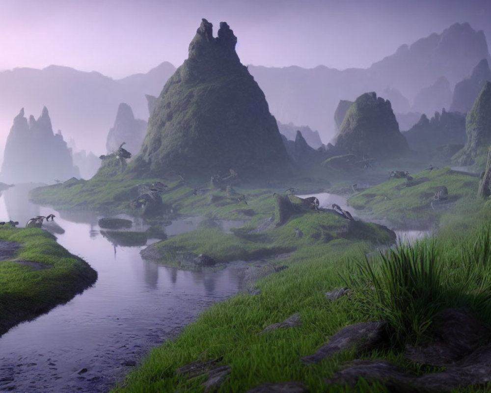 Alien landscape with towering rock formations and purple skies