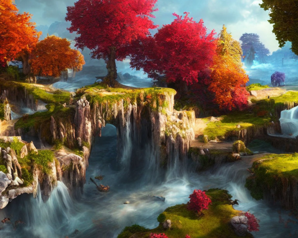 Fantastical landscape with red-leaved trees, waterfalls, and serene river