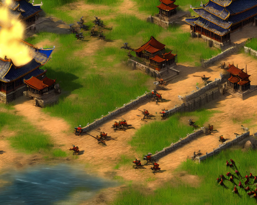 Medieval Asian-style buildings under siege with archers and catapults attacking, flames engulfing a roof