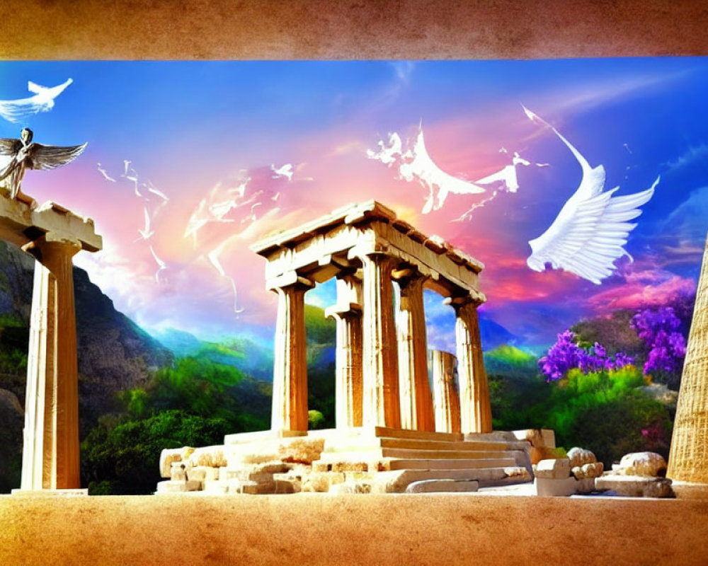 Ancient Greek temple with towering columns and mythical birds under a vivid sky