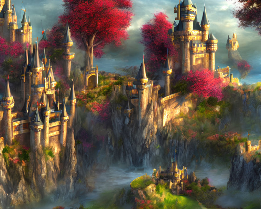 Majestic fantasy landscape with castles, cliffs, waterfalls, and pink trees