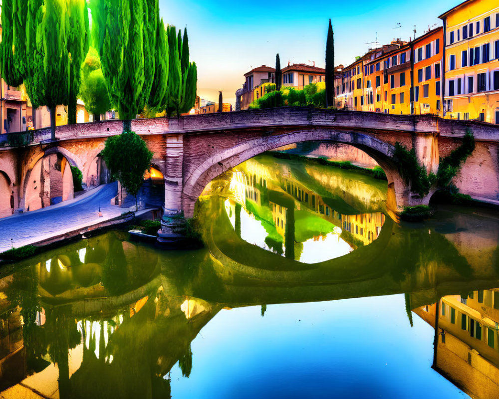 Old Arched Bridge Over Calm River with Colorful Buildings