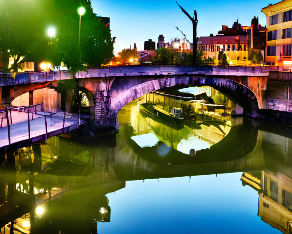 Cityscape: Illuminated Bridge Over Calm River at Dusk