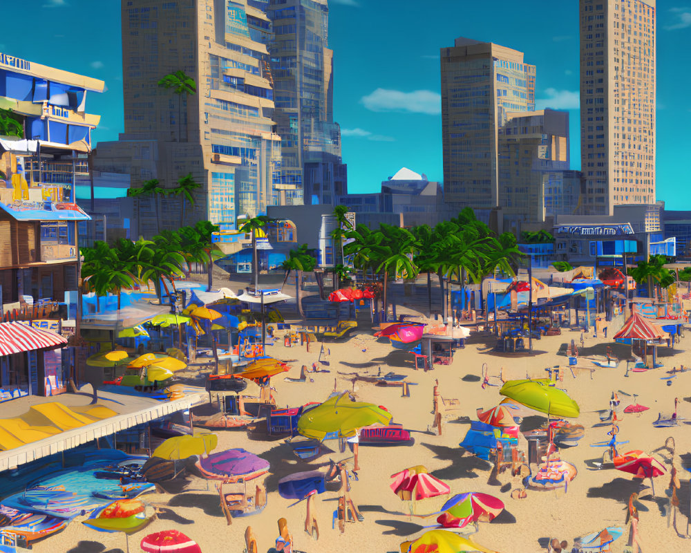 Colorful Beach Scene with Umbrellas and Sunbathers on Boardwalk