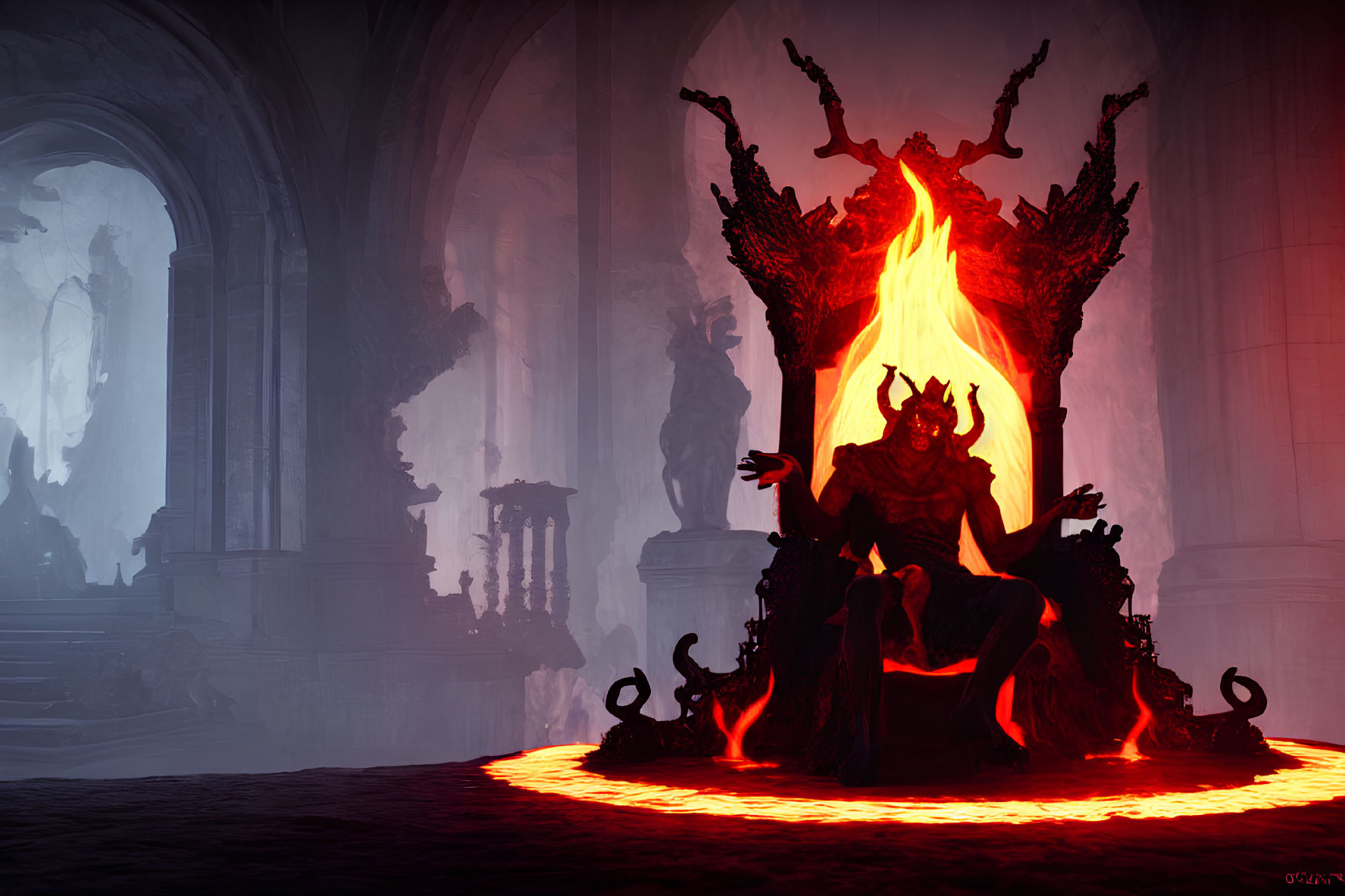 Large Horned Figure on Fiery Throne in Gothic Chamber