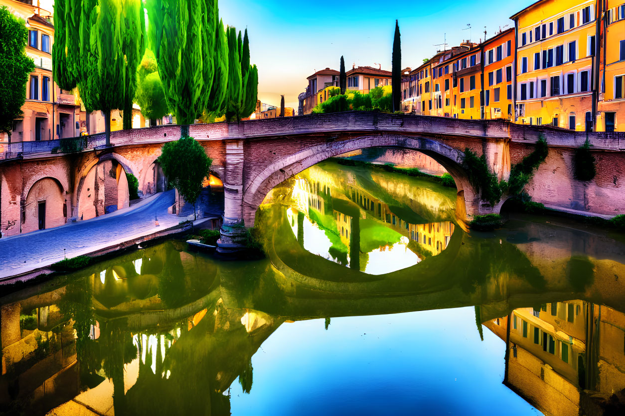 Old Arched Bridge Over Calm River with Colorful Buildings