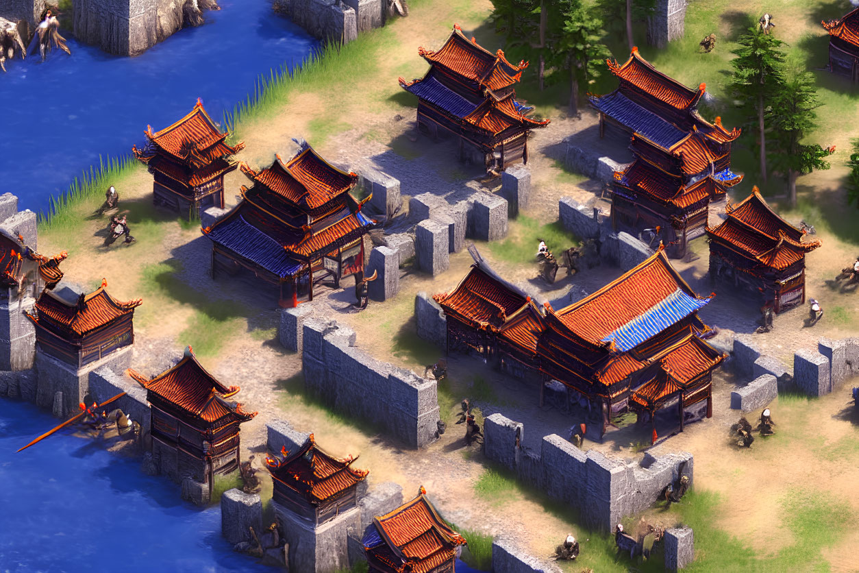 Traditional East Asian architecture in vibrant strategy game scene