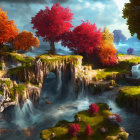 Majestic fantasy landscape with castles, cliffs, waterfalls, and pink trees