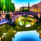 Cityscape: Illuminated Bridge Over Calm River at Dusk